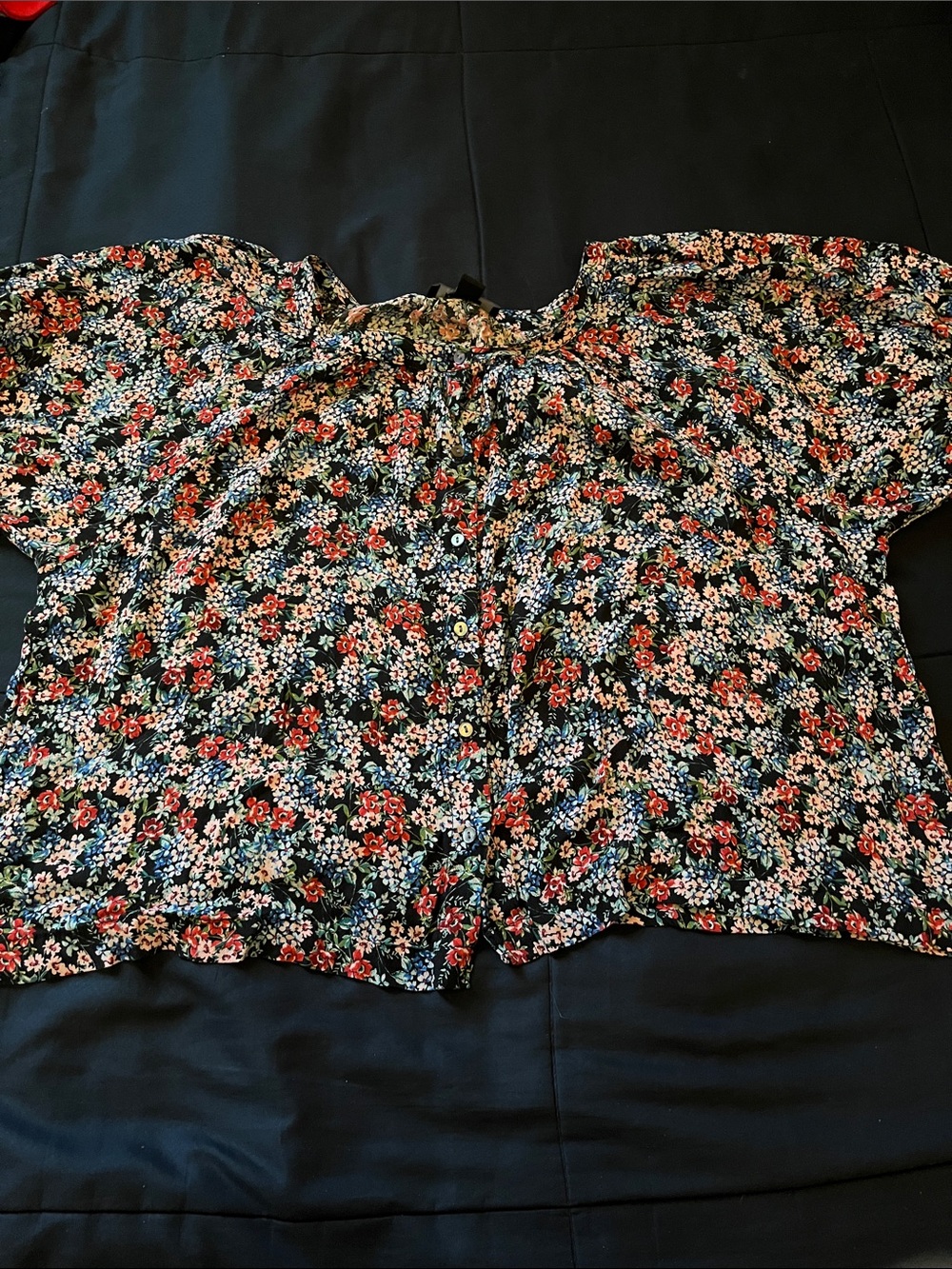 Karen Kane Black Floral Button-Front Blouse with Red and Blue Flowers